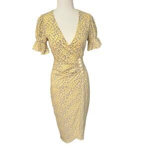 Seven Wonders Yellow Blue Floral Wrap Dress Sz 2 Slit On The Leg Button Closure